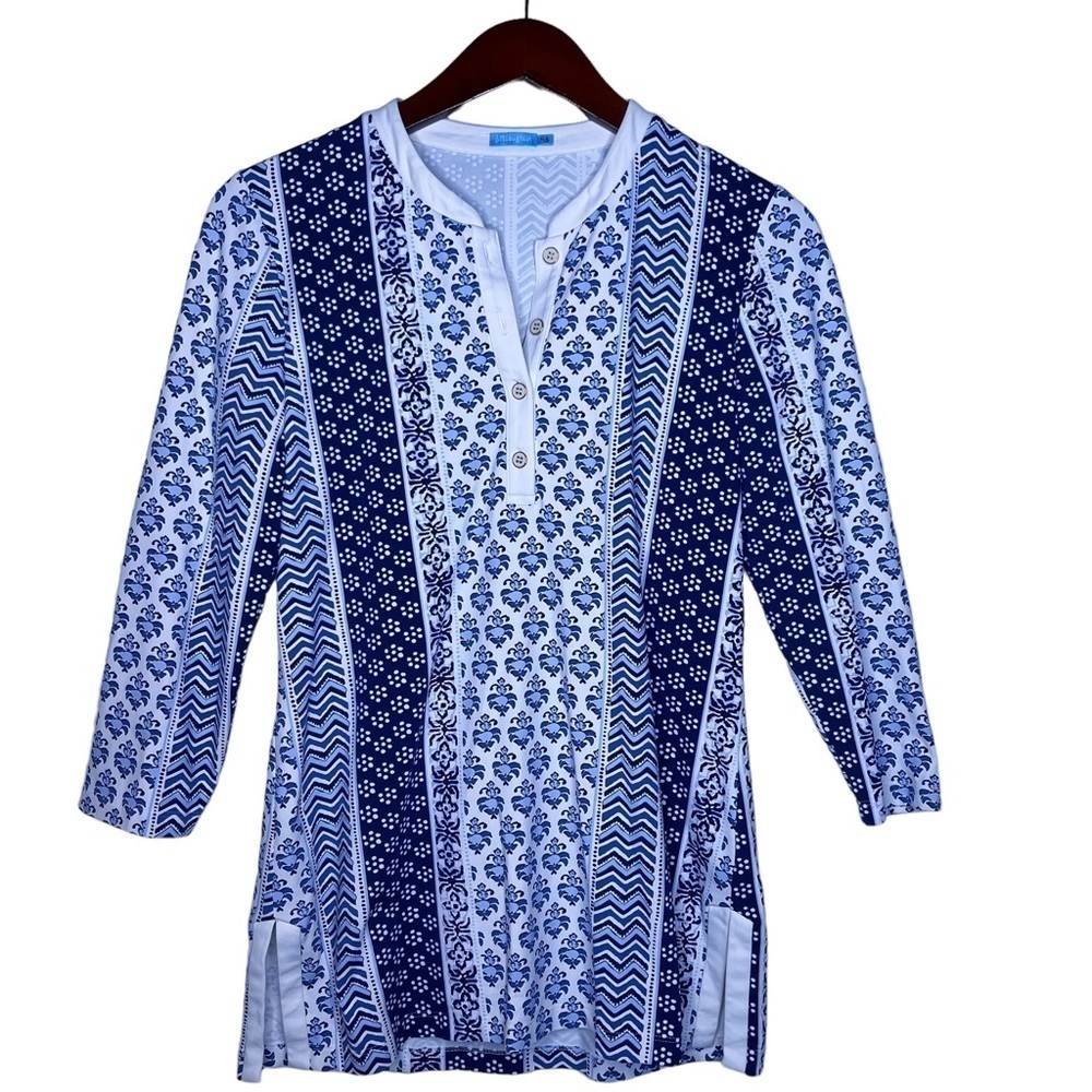 J. McLAUGHLIN Button Tunic Top Size XS in Pattern Blue Catalina Cloth